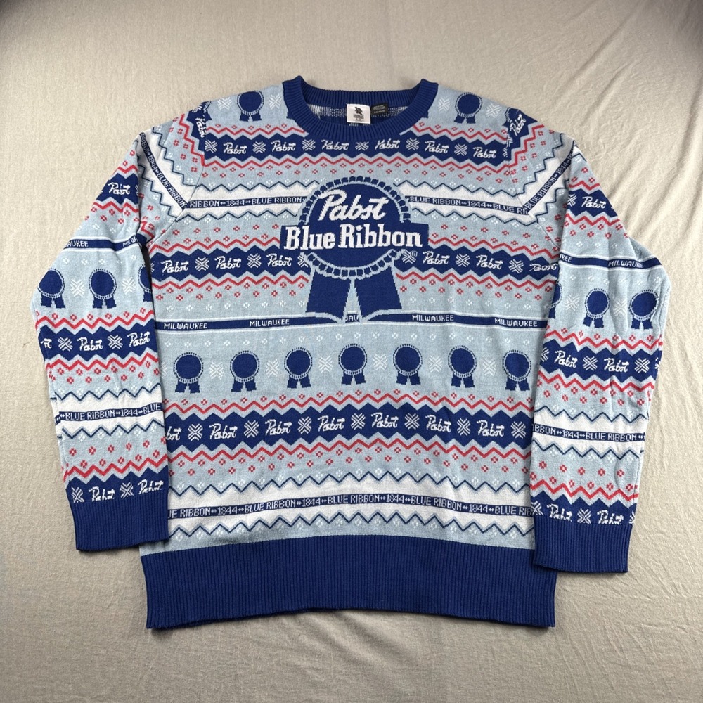 Pabst Blue Ribbon Ugly Christmas Sweater Adult L Fair Isle Sweater Holiday Beer